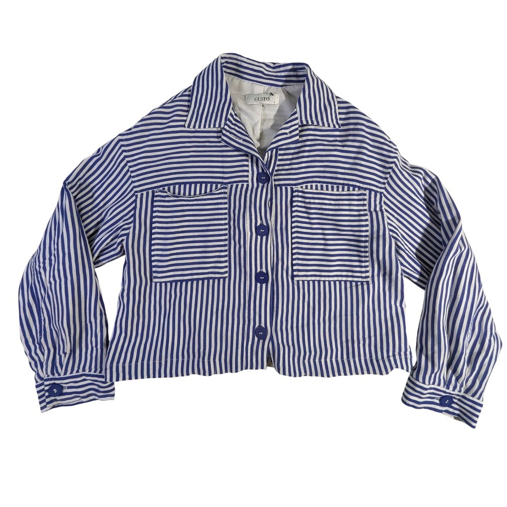 Gusto Cotton Striped Jacket – S Blue/White Utility Cropped Pocket